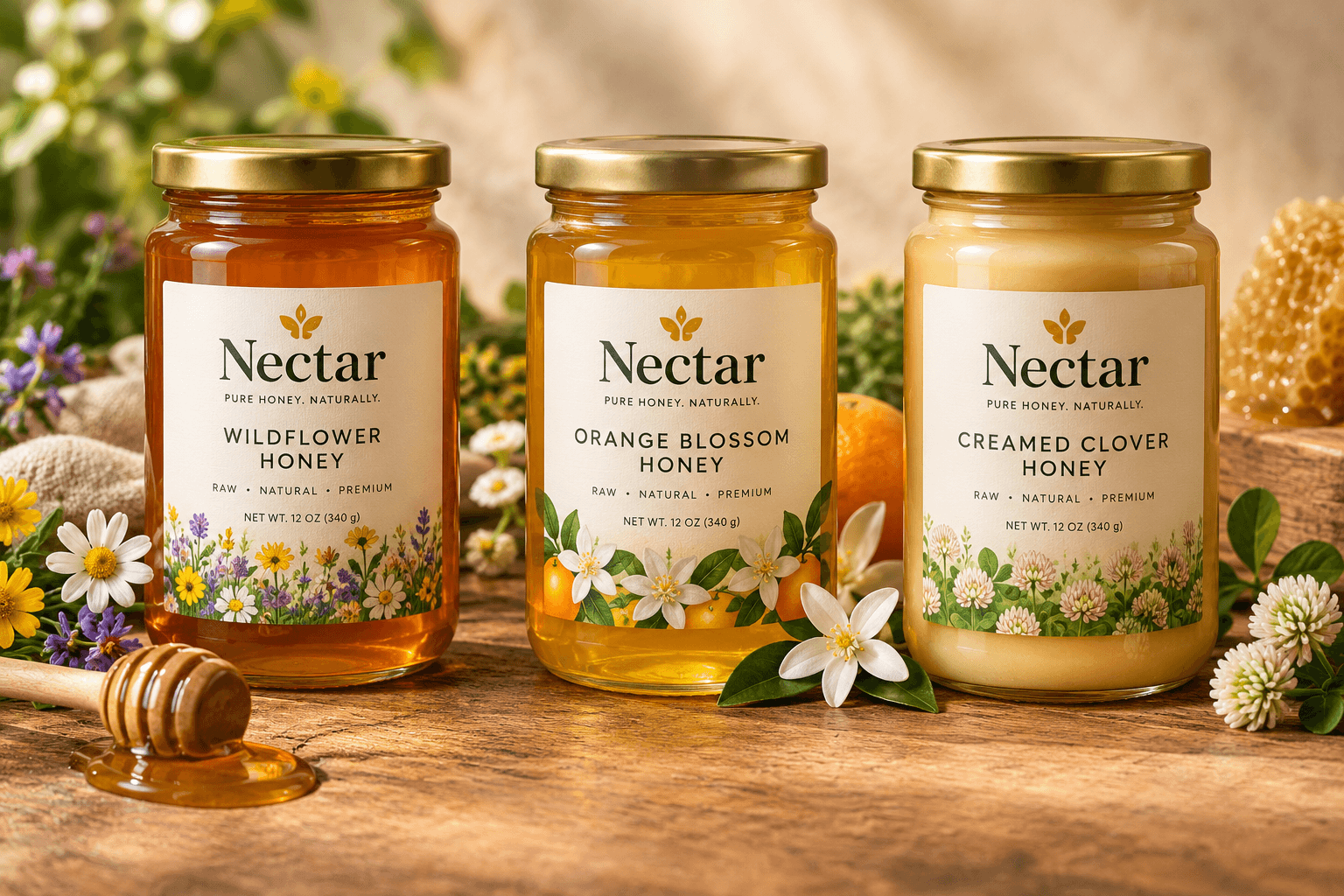 Three Nectar honey jars — wildflower, orange blossom and creamed clover — on a rustic wooden table
