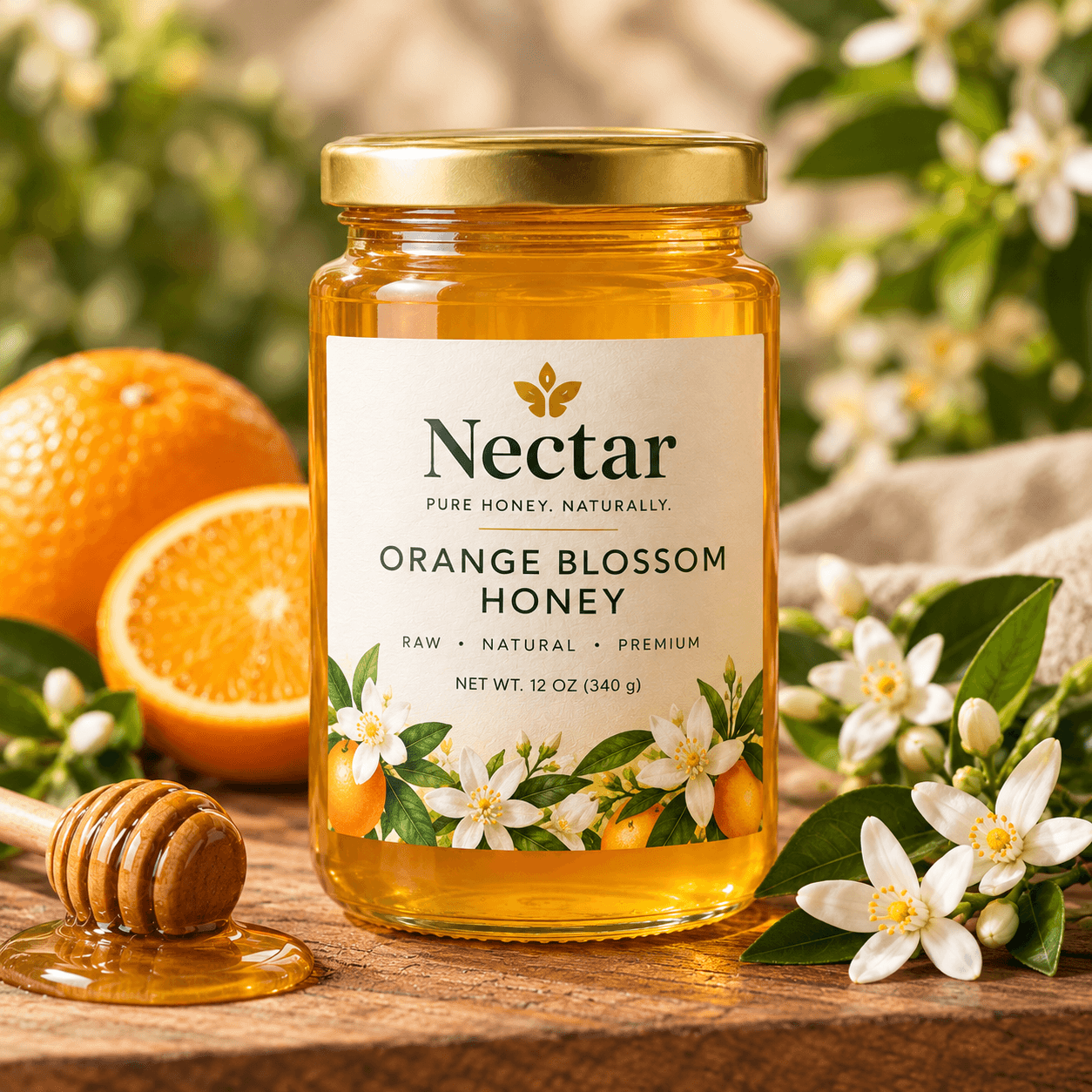 Glass jar of Nectar orange blossom honey with a pale gold label