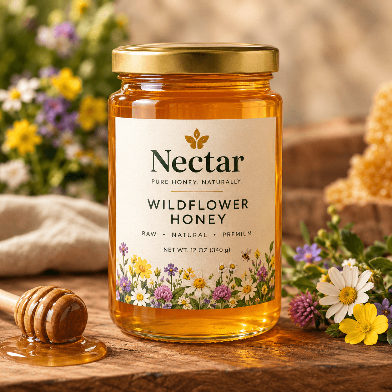 A jar of Nectar raw wildflower honey with a wooden dipper